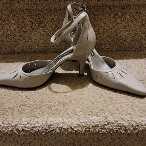 Jennifer Moore light grey ankle strap heels